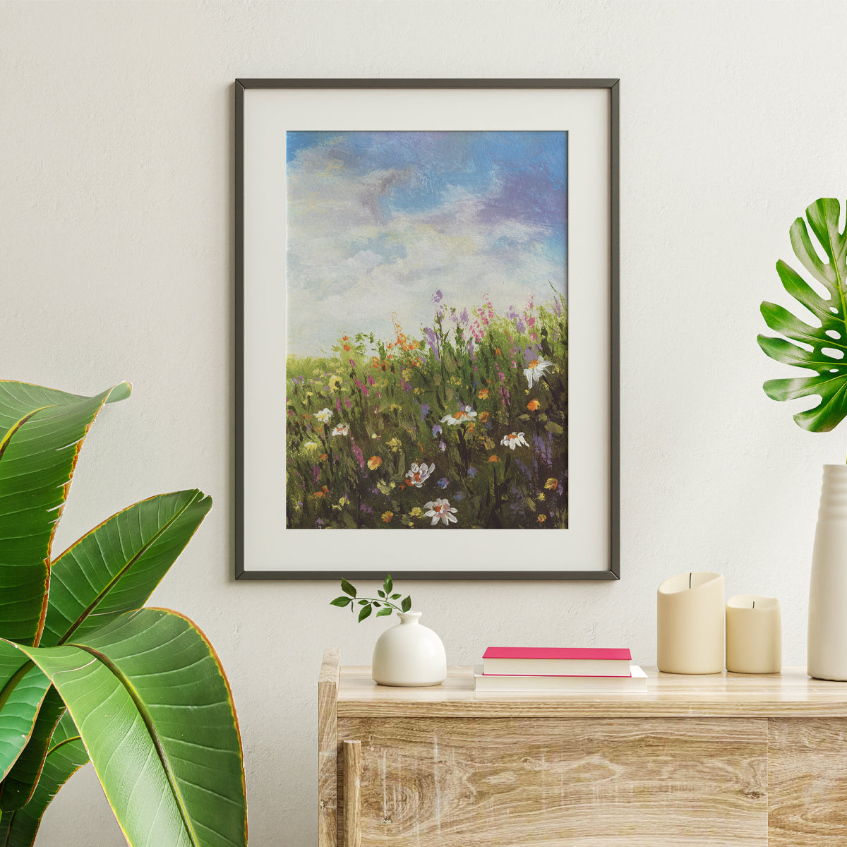 Hand-Painted Vibrant Flower Fields Wall Art – In Elegant Black Frame