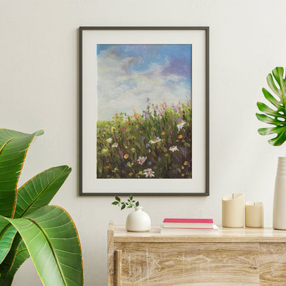 Hand-Painted Vibrant Flower Fields Wall Art – In Elegant Black Frame