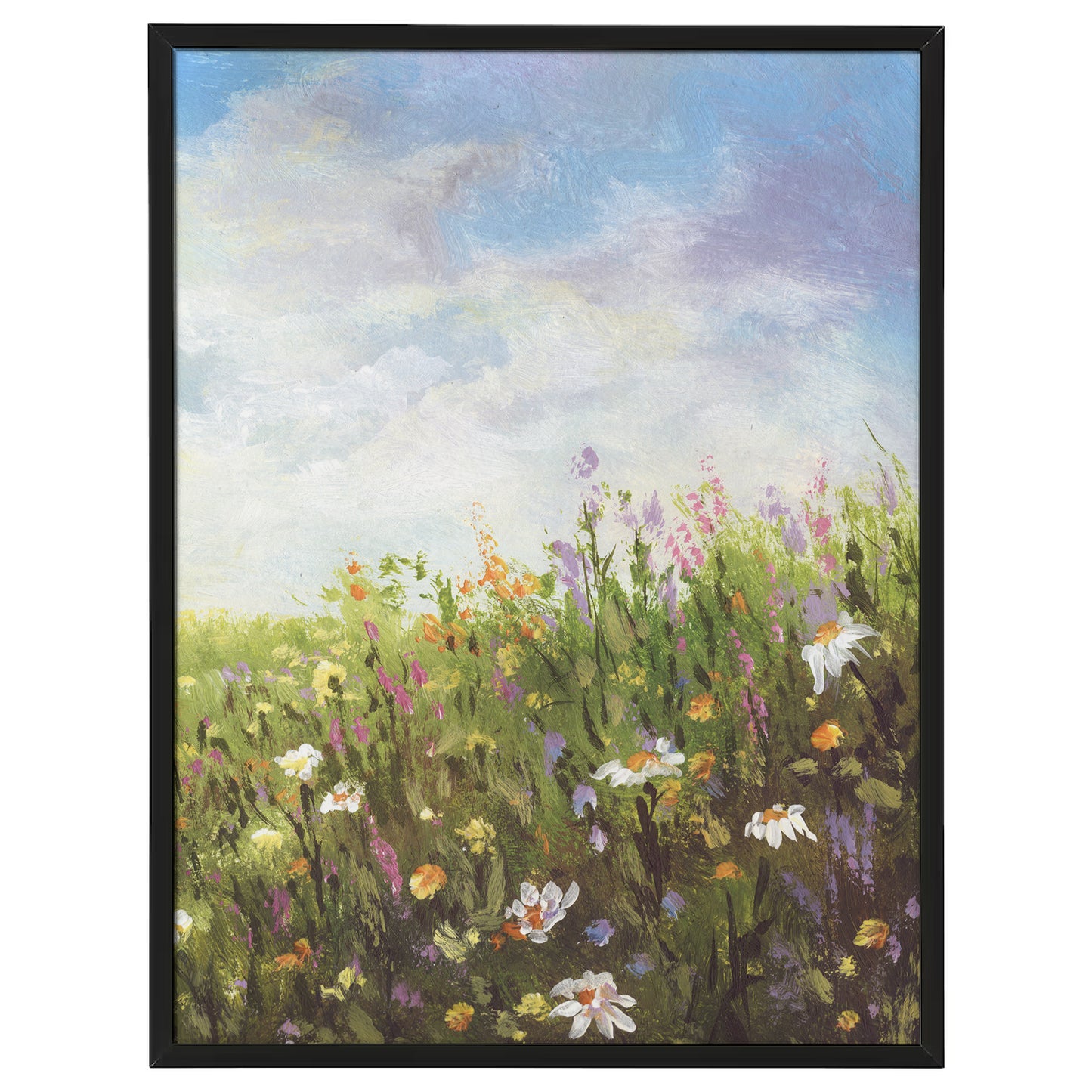 Hand-Painted Vibrant Flower Fields Wall Art – In Elegant Black Frame